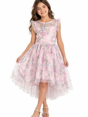 Zenzi Girls Hi Low Sleeveless Tulle Floral Dress Party Formal Light Pink Sz L